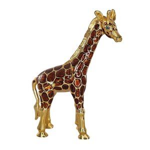 Vintage Giraffe Hinged Trinket Box Metal Enameled Green Rhinestone Eyes